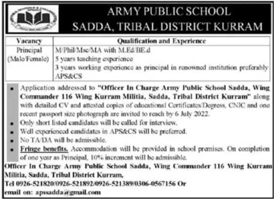 Jobs in Army Public School Sadda Tribal District Khurram – Army Public School & College Paksitan Jobs 2022 — original advertisement