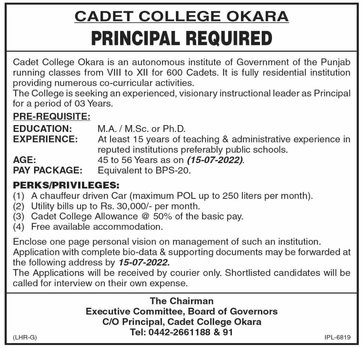 Jobs in Cadet College okara Punjab Jobs 2022 — original advertisement