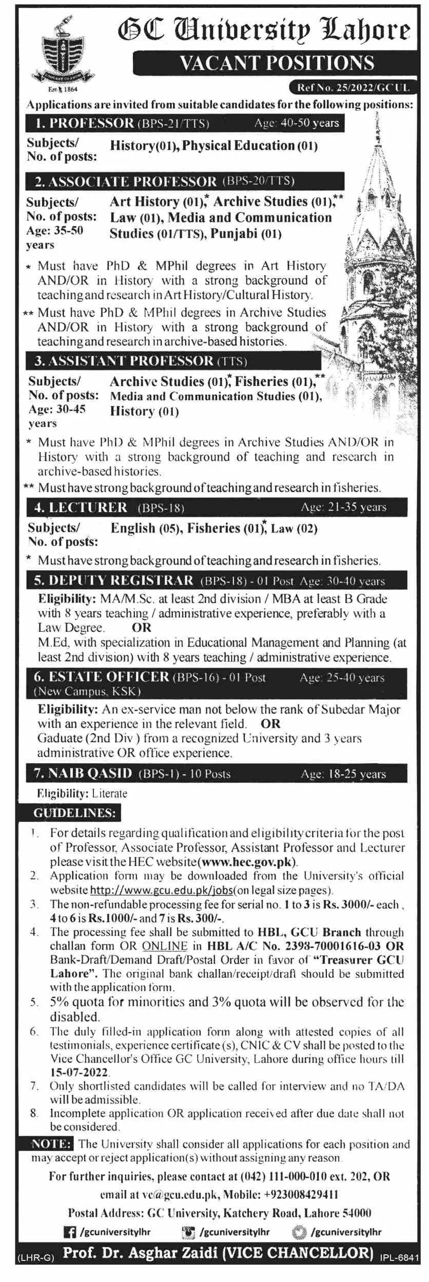 Jobs in Government College University Lahore Jobs 2022 — original advertisement