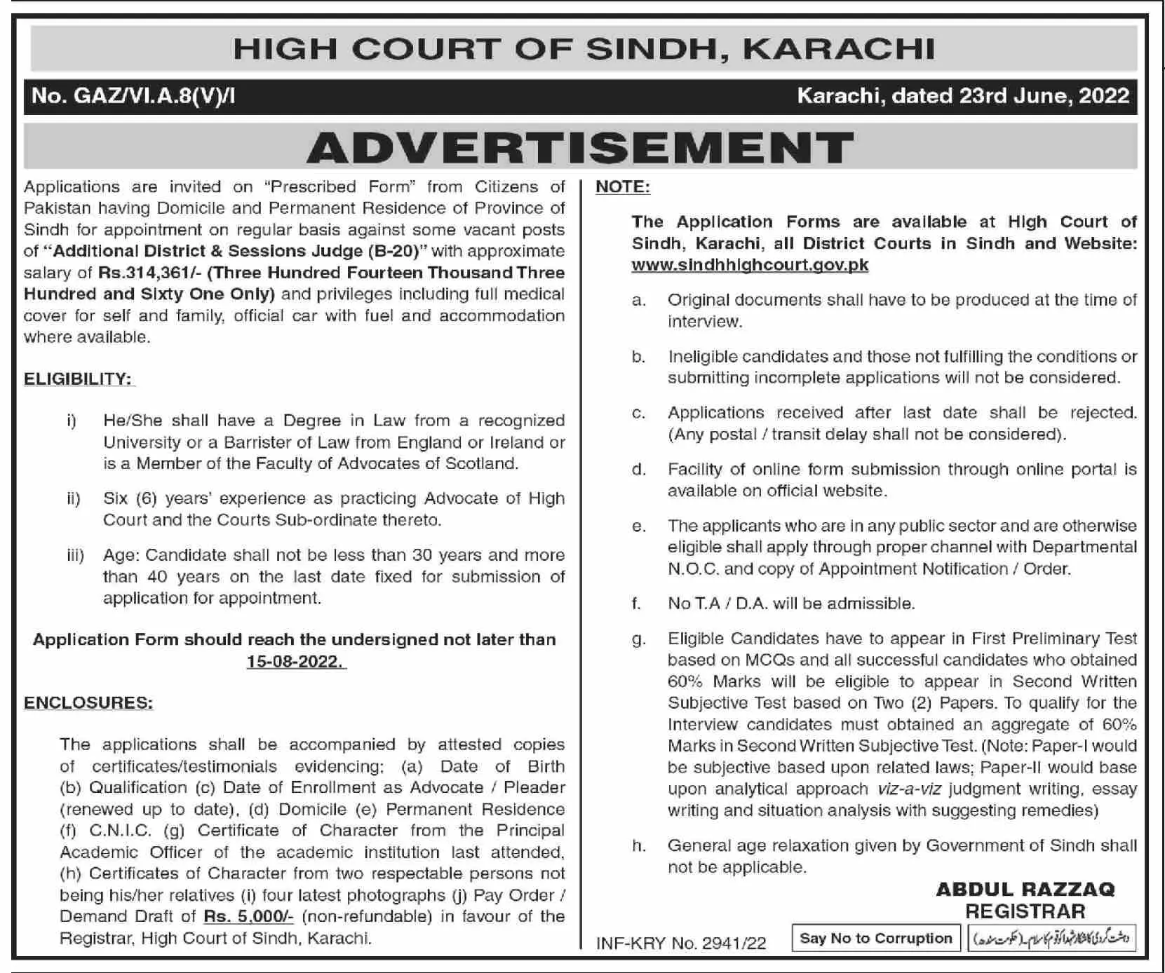 Jobs in High Court of Sindh Karachi – Sindh High Court Jobs 2022 — original advertisement