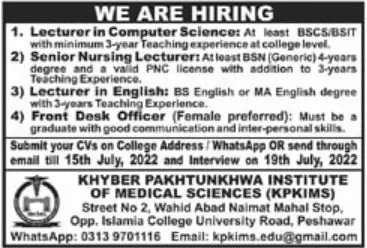 Jobs in Khyber Pakhtunkhwa institute of Medical Sciences – Karachi Institute Of Medical Sciences, CMH Malir Karachi Jobs 2022 — original advertisement