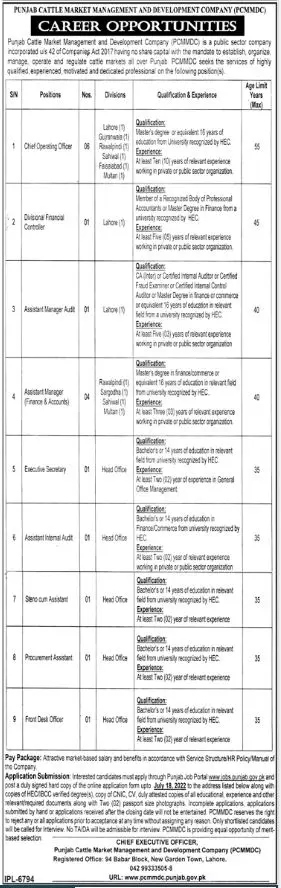 Jobs in Punjab Cattle Market Management & Development Compan – Private Company Jobs 2022 — original advertisement
