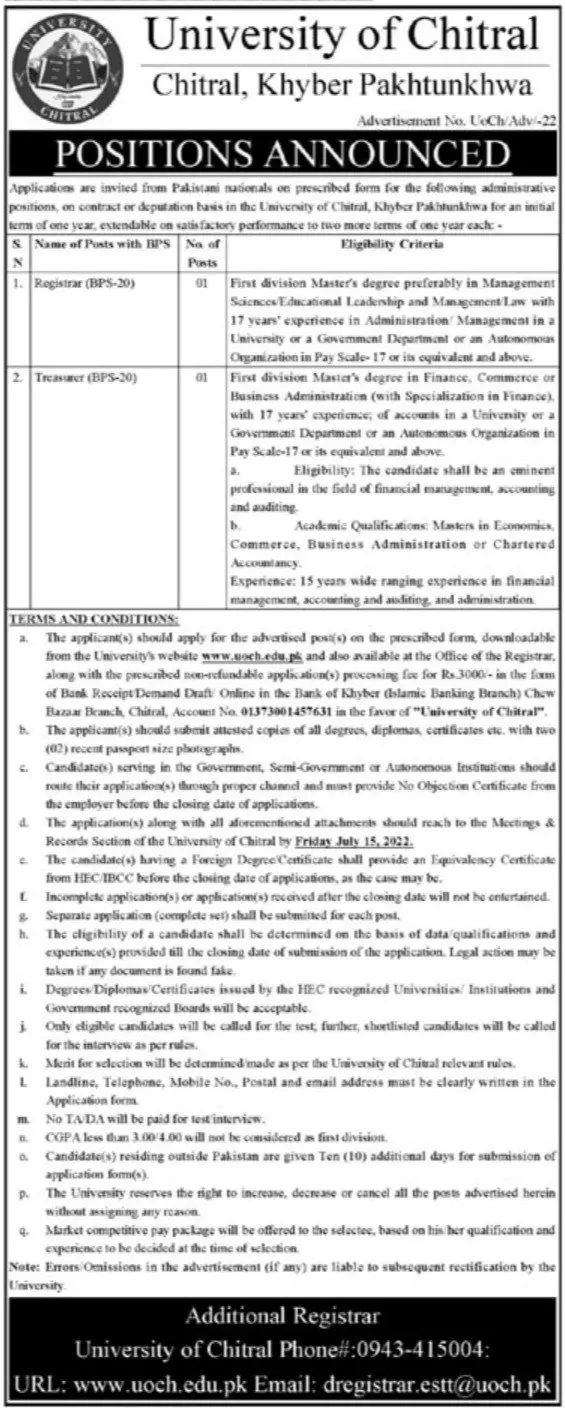 Jobs in University of Chitral Khyber Pakhtunkhwa Jobs 2022 — original advertisement