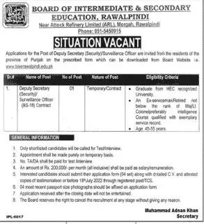Jobs in Board of intermediate And Secondary Education – Board of Intermediate and Secondary Education, Faisalabad Jobs 2022 — original advertisement