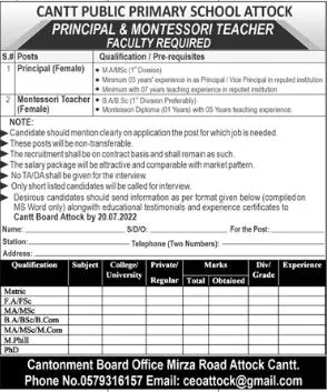 Jobs in Cantt Public Primary School Attock Cantt – Cantonment Board Jobs 2022 — original advertisement