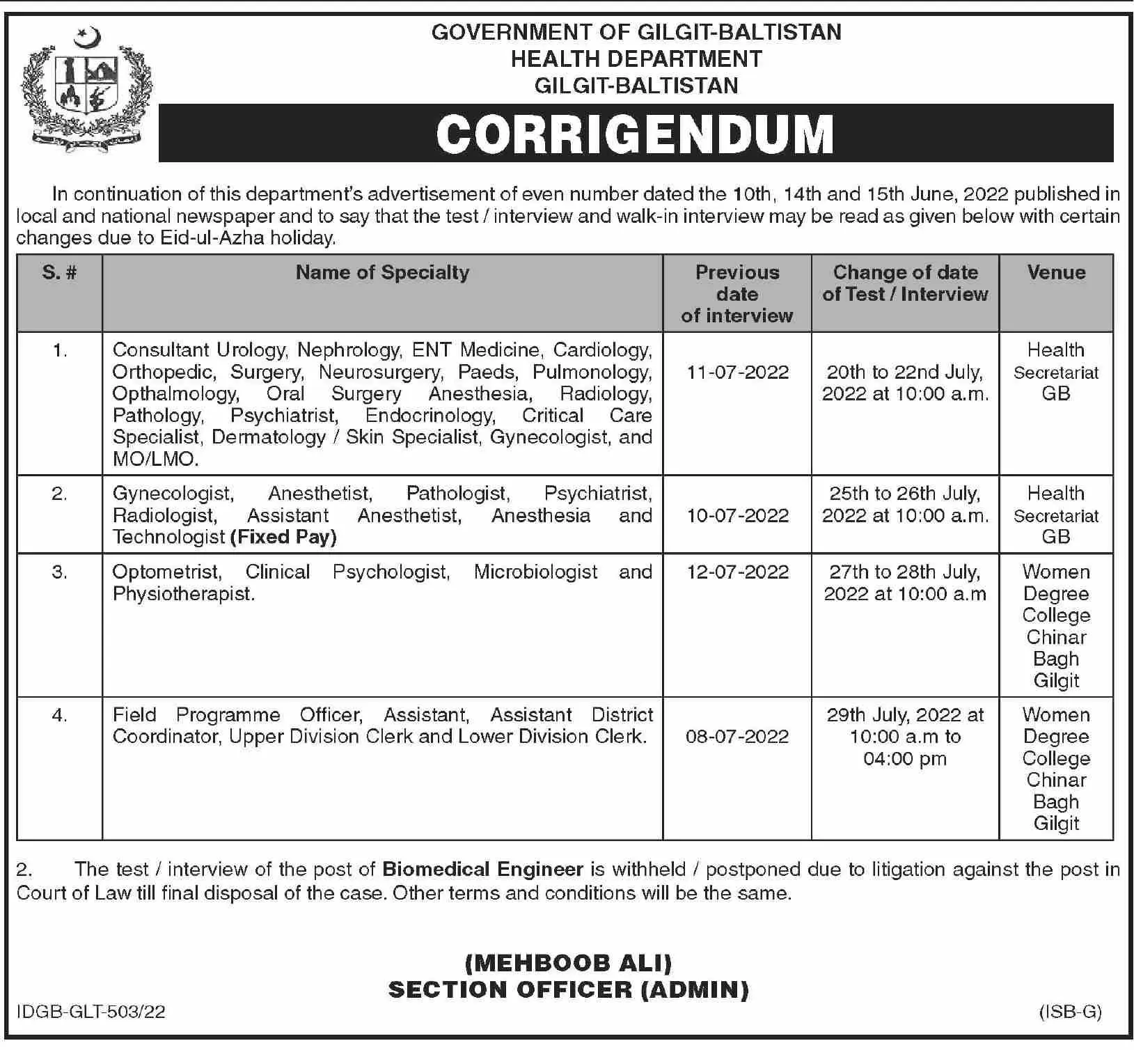 Corrigendum Health department jobs Gilgit Baltistan – Health Department Gilgitbaltistan Jobs 2022 — original advertisement
