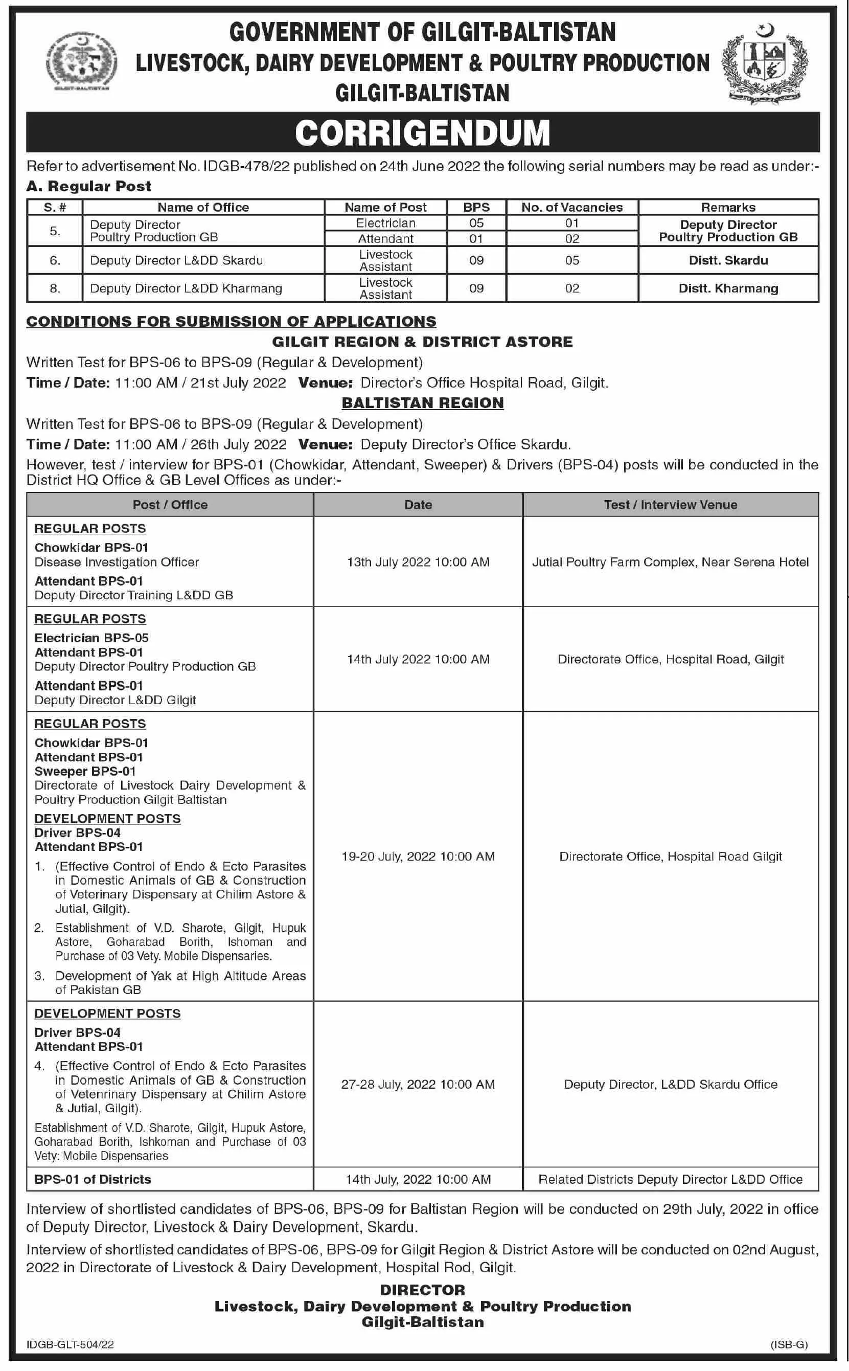 Corrigendum Livestock & Dairy Development Department Jobs – Livestock and Dairy Development Gilgit-Baltistan Jobs 2022 — original advertisement