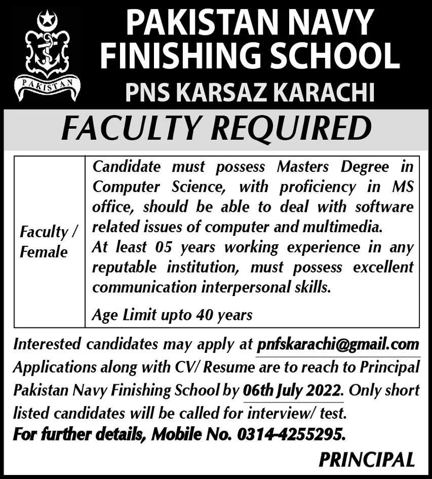 Jobs in Pakistan Navy Finishing School PNS Karsaz Karachi Jobs 2022 — original advertisement