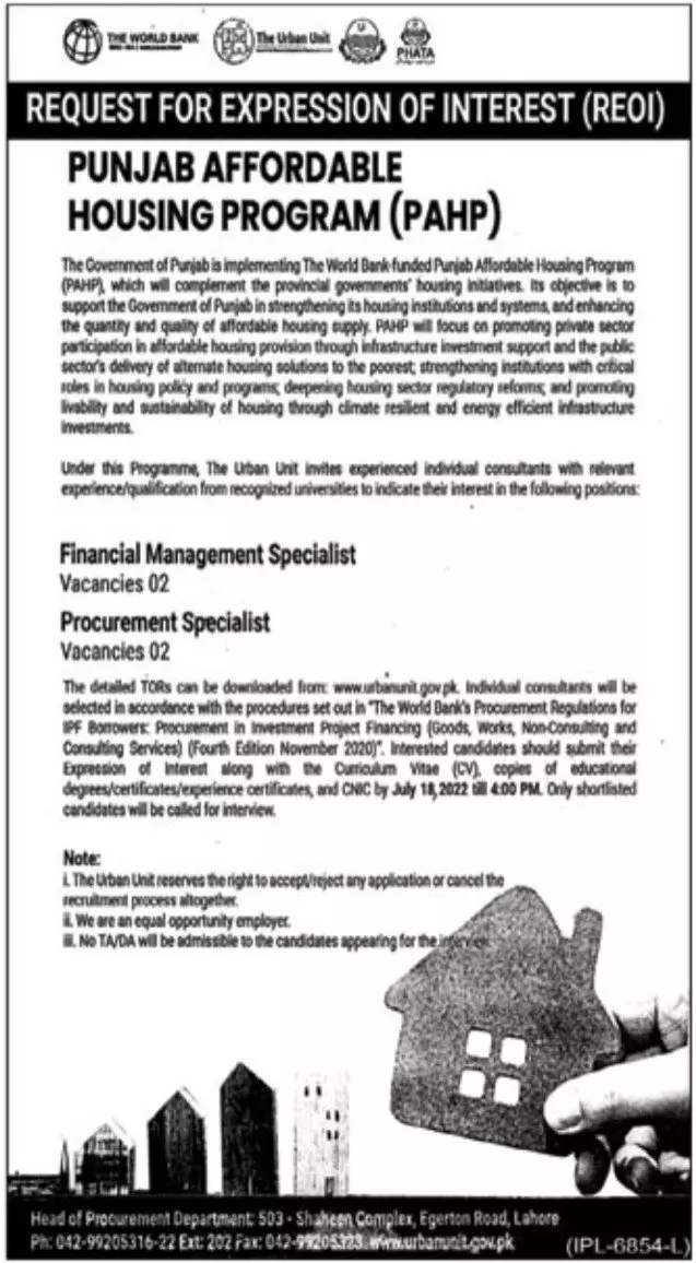 Jobs in Punjab Affordable Housing Program (PAHP) Jobs 2022 — original advertisement