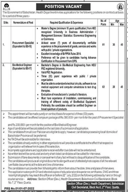 Jobs in Health Department Balochistan 2022 – Health Department Balochsitan Jobs 2022 — original advertisement