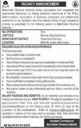 Jobs in Balochistan Revenue Authority BRA 2022 Jobs 2022 — original advertisement