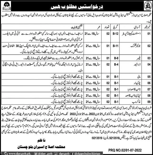 Jobs in Reclamation & Probation Department Balochistan 2022 – Reclamation and Probation Department Jobs 2022 — original advertisement