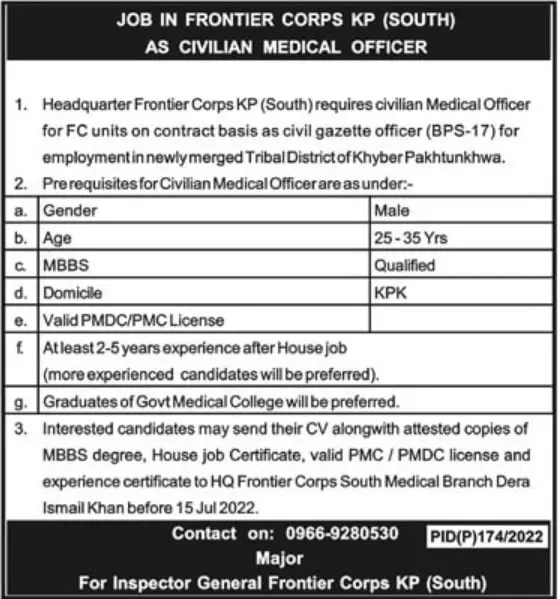 Jobs in Frontier Crops Kpk (south) – Frontier Corps Kpk Jobs 2022 — original advertisement