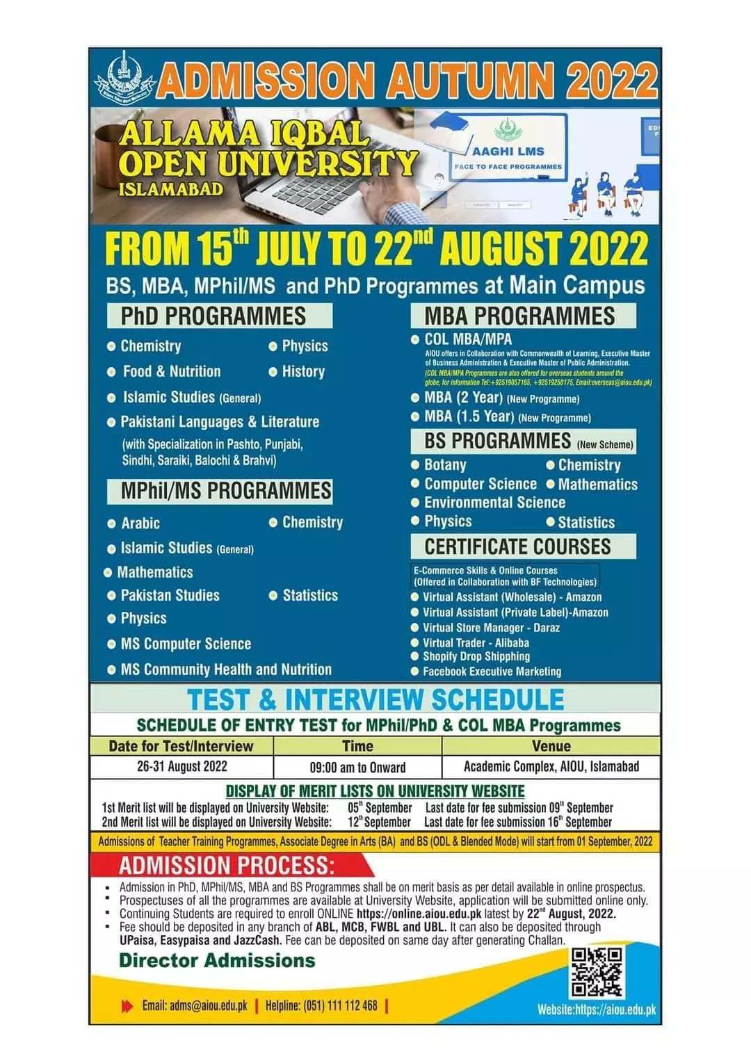 Admission in Allama Iqbal Open University Islamabad Admissions 2022 — original advertisement