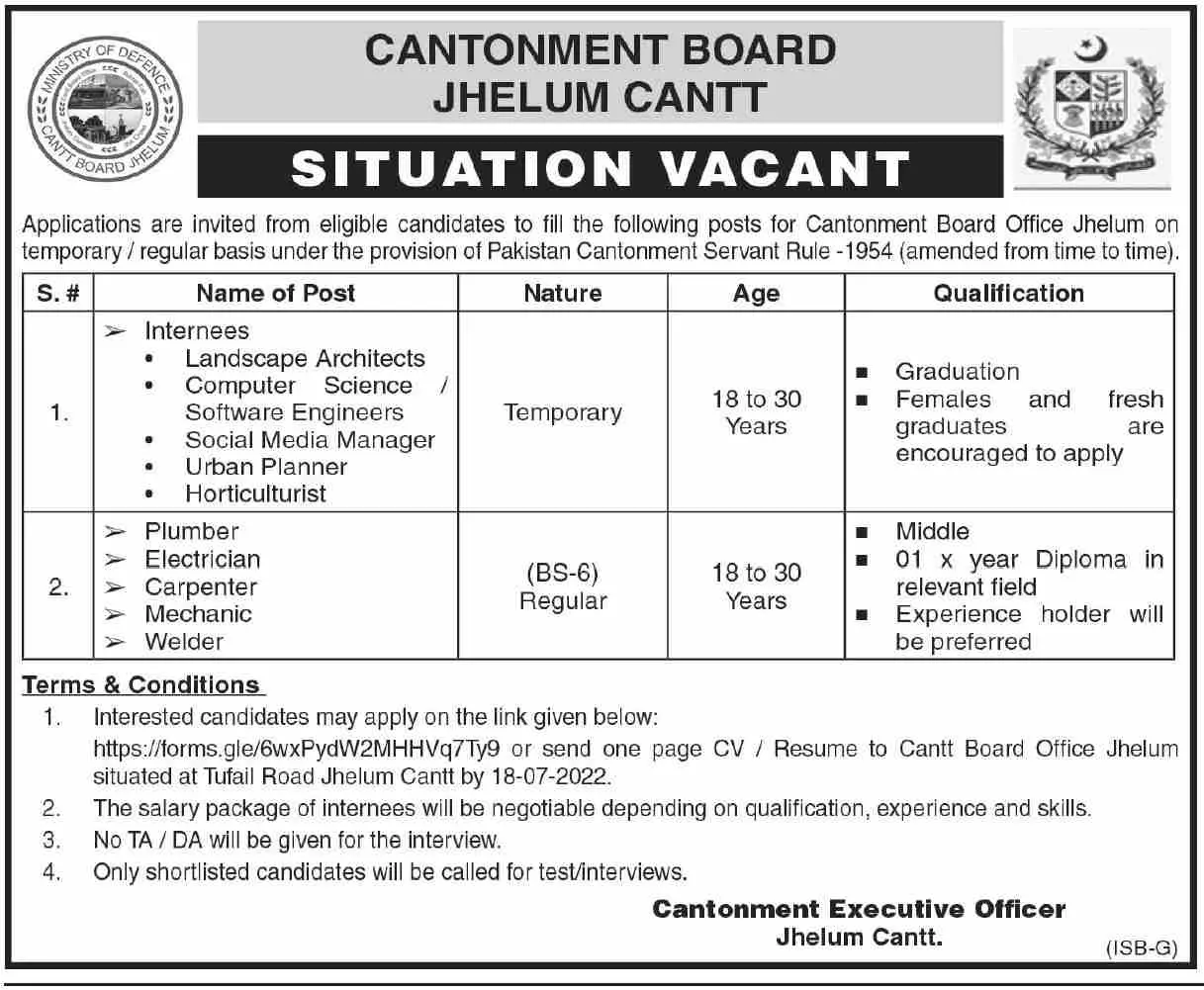 Jobs in Cantonment Board Jhelum Cantt Jobs 2022 — original advertisement