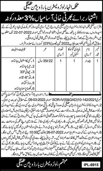 Jobs in Anhar Department 2022 – Anhar Department Sheikhupura Jobs 2022 — original advertisement