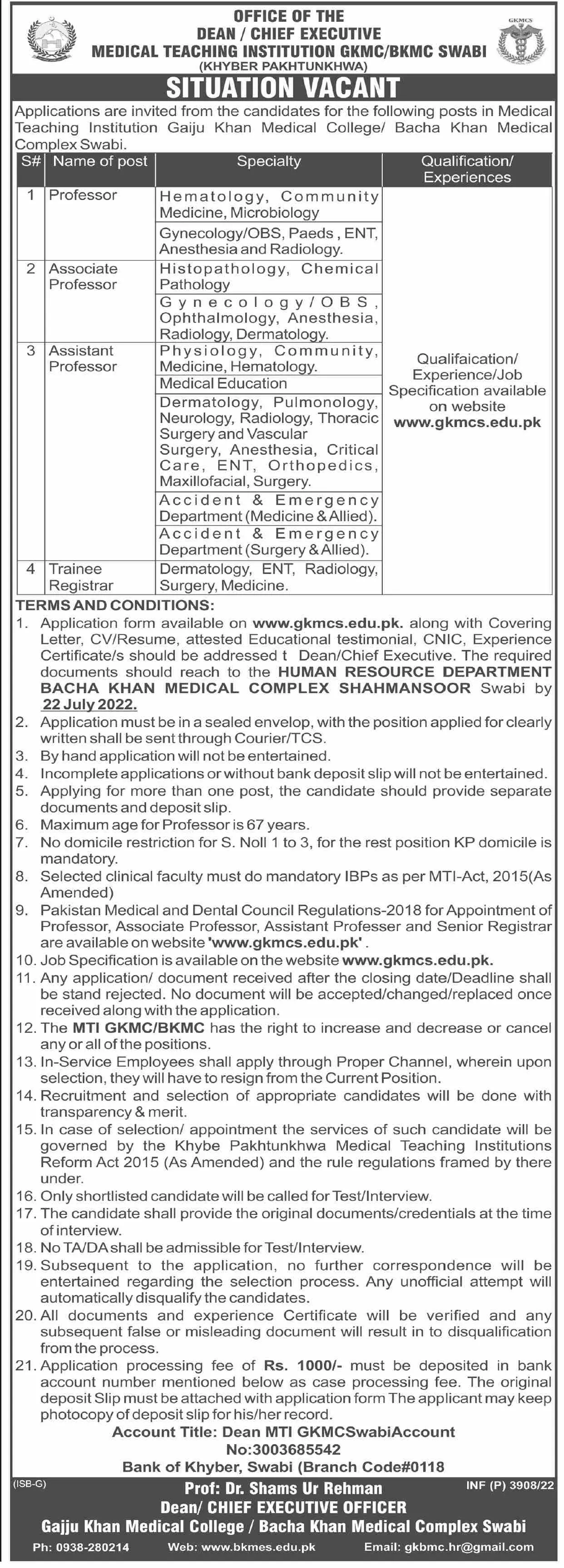 Jobs in Medical Teaching institution GKMC Swabi – Medical Teaching Institute MTI Khyber Teaching Hospital Peshawar Kpk Jobs 2022 — original advertisement