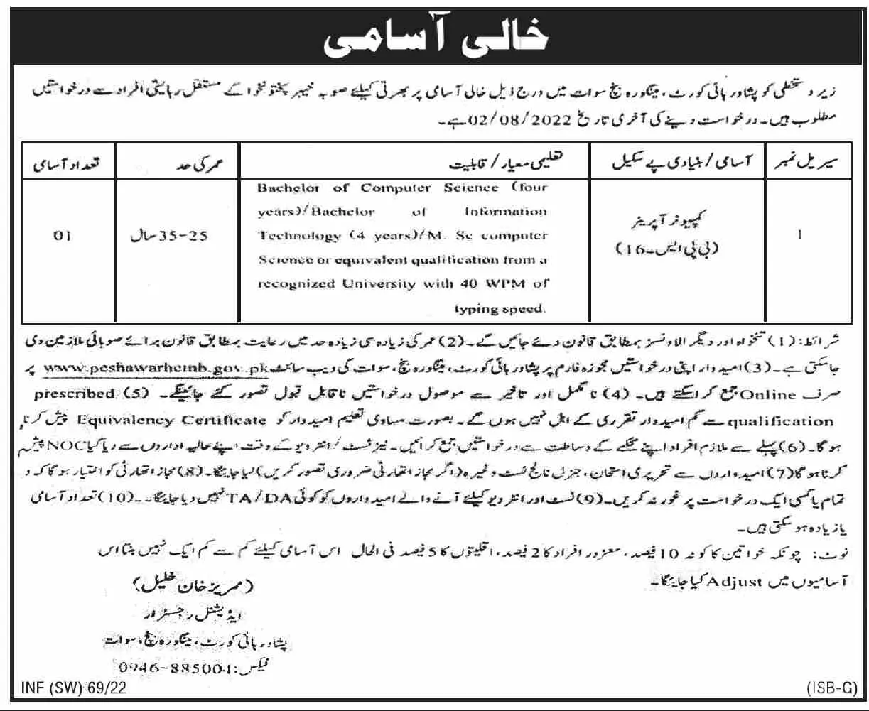 Jobs in Peshawar High Court Peshawar – Peshawar High Court, Peshawar Jobs 2022 — original advertisement