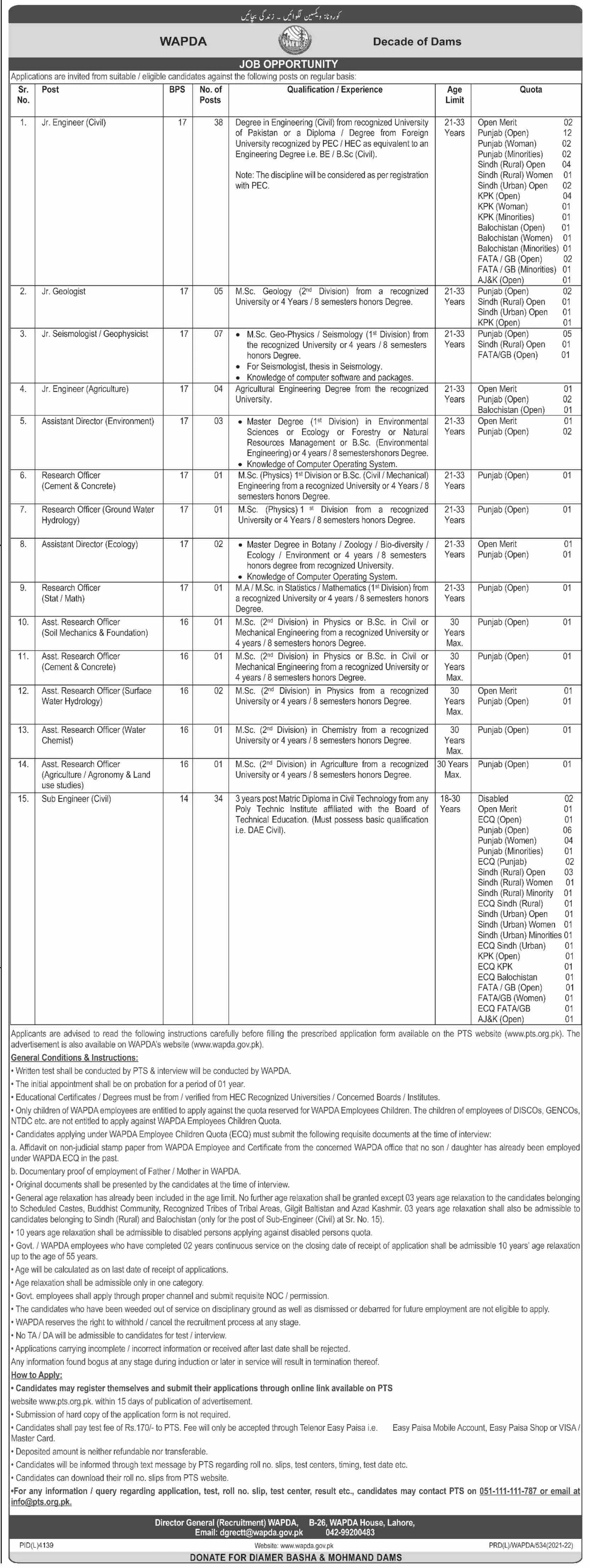 Jobs in Water and Development Authority Wapda – Water and Power Development Authority Jobs 2022 — original advertisement