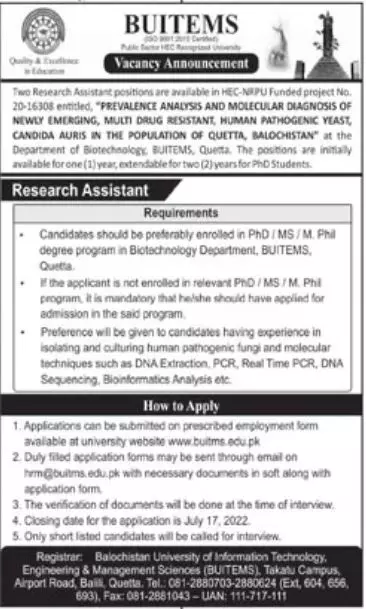 Jobs in Balochistan University of Information Technology – Balochistan University of Information Technology & Management Science Quetta Jobs 2022 — original advertisement