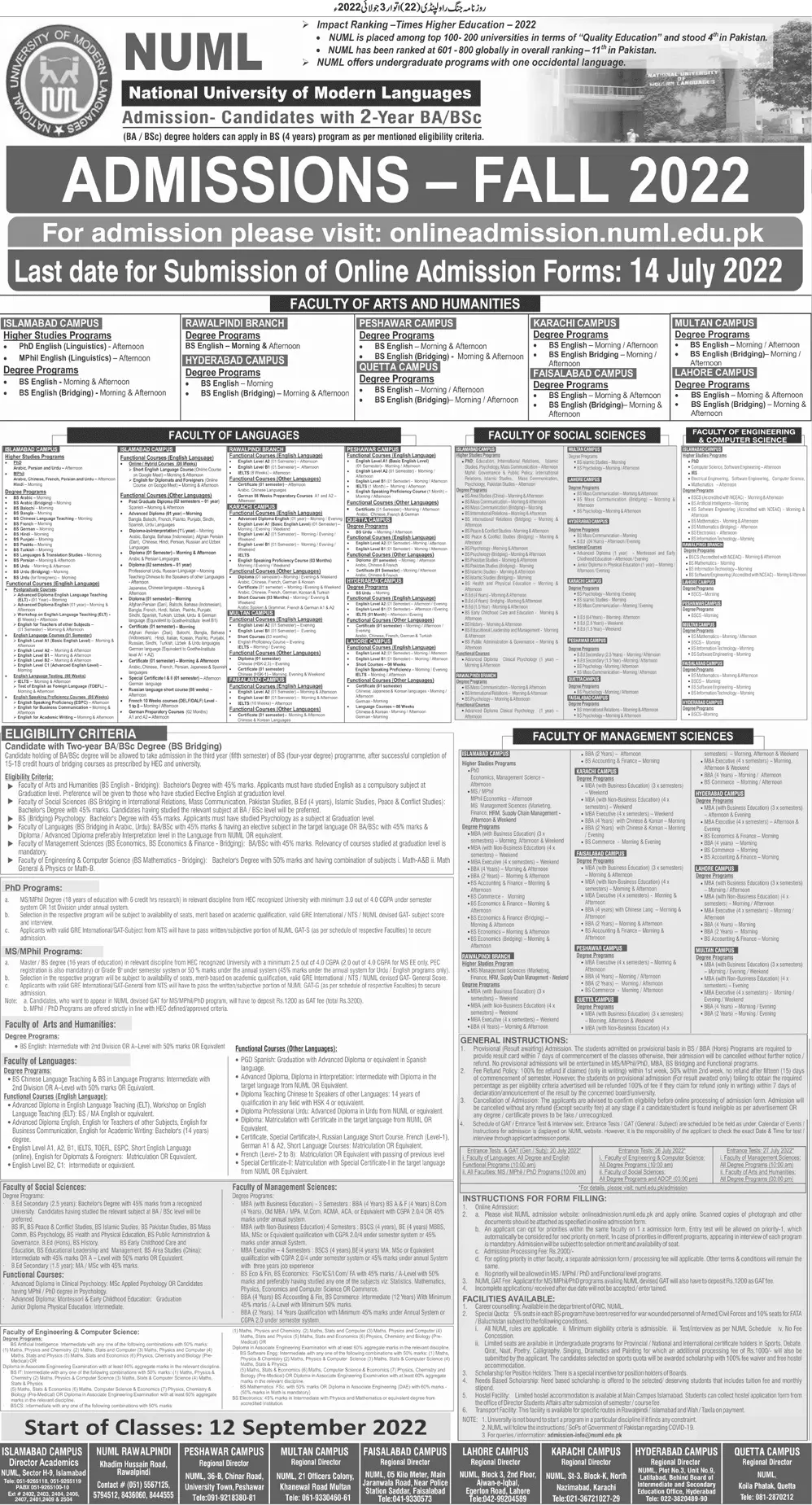 Admission in National University of Modern Languages – National University of Modern Languages Islamabad Admissions 2022 — original advertisement