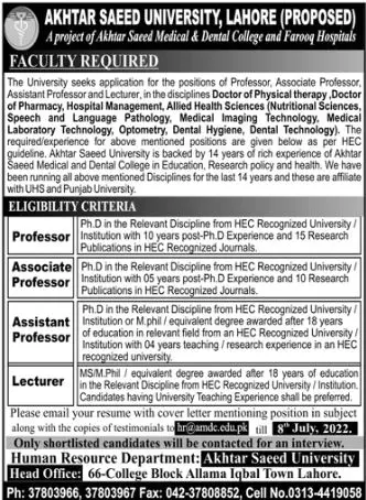 Jobs in Akhtar Saeed Medical And Dental College Lahore Jobs 2022 — original advertisement