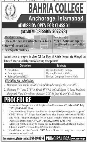 Admission in Bahria College Anchorage Islamabad – Bahria college karsaz Admissions 2022 — original advertisement