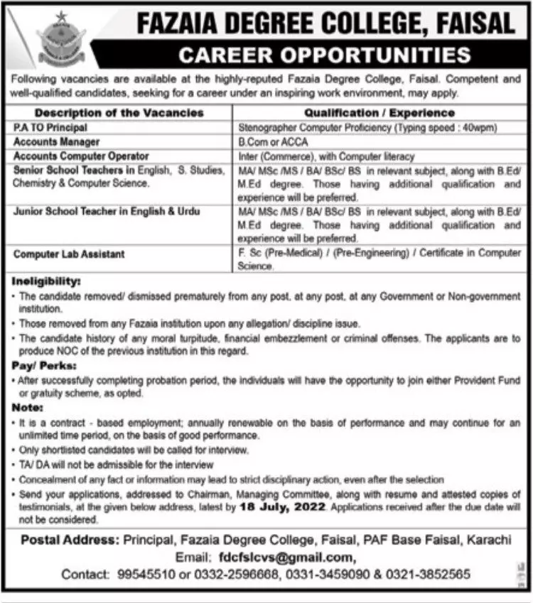 Jobs in Fazaia Degree College Faisal – Fazaia Schools & Colleges Jobs 2022 — original advertisement