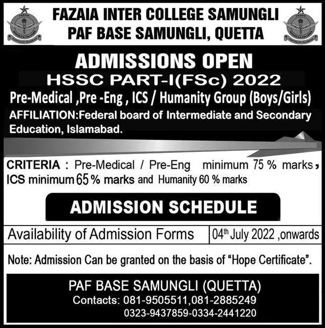 Admission in Fazaia Inter College Quetta – Fazaia Schools & Colleges Admissions 2022 — original advertisement