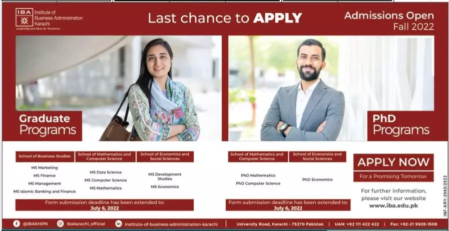 Admission IBA Karachi Institute of Business Administration Admissions 2022 — original advertisement