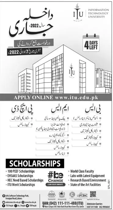 Admission in information Technology University – Information Technology University of the Punjab Lahore Admissions 2022 — original advertisement