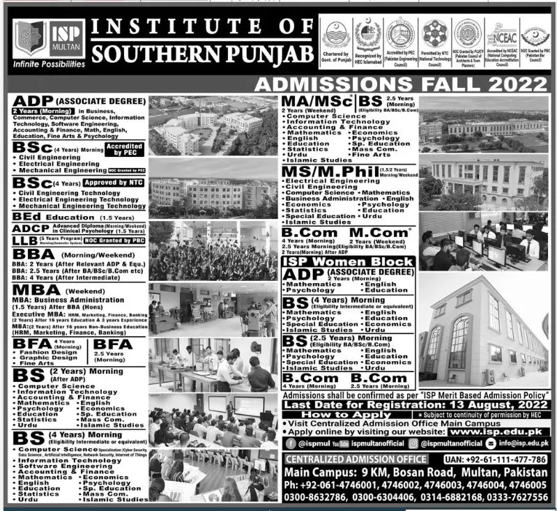 Admission in ISP-Institute of Southern Punjab – Institute of Southern Punjab Multan Admissions 2022 — original advertisement