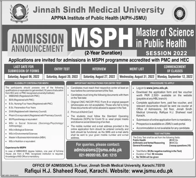 Admission in Jinnah Sindh Medical University – Jinnah Sindh Medical University Karachi Admissions 2022 — original advertisement