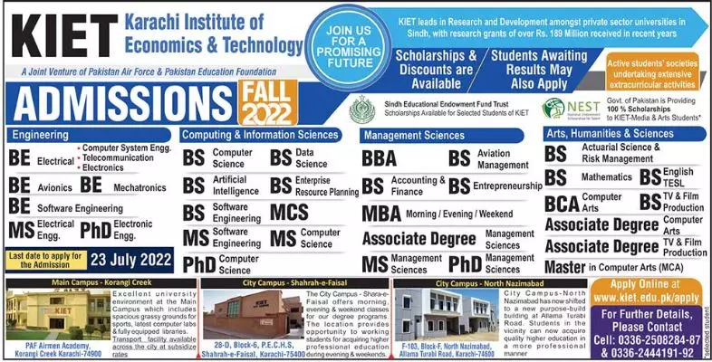 Admission Karachi Institute of Economics and Technology KIET Admissions 2022 — original advertisement
