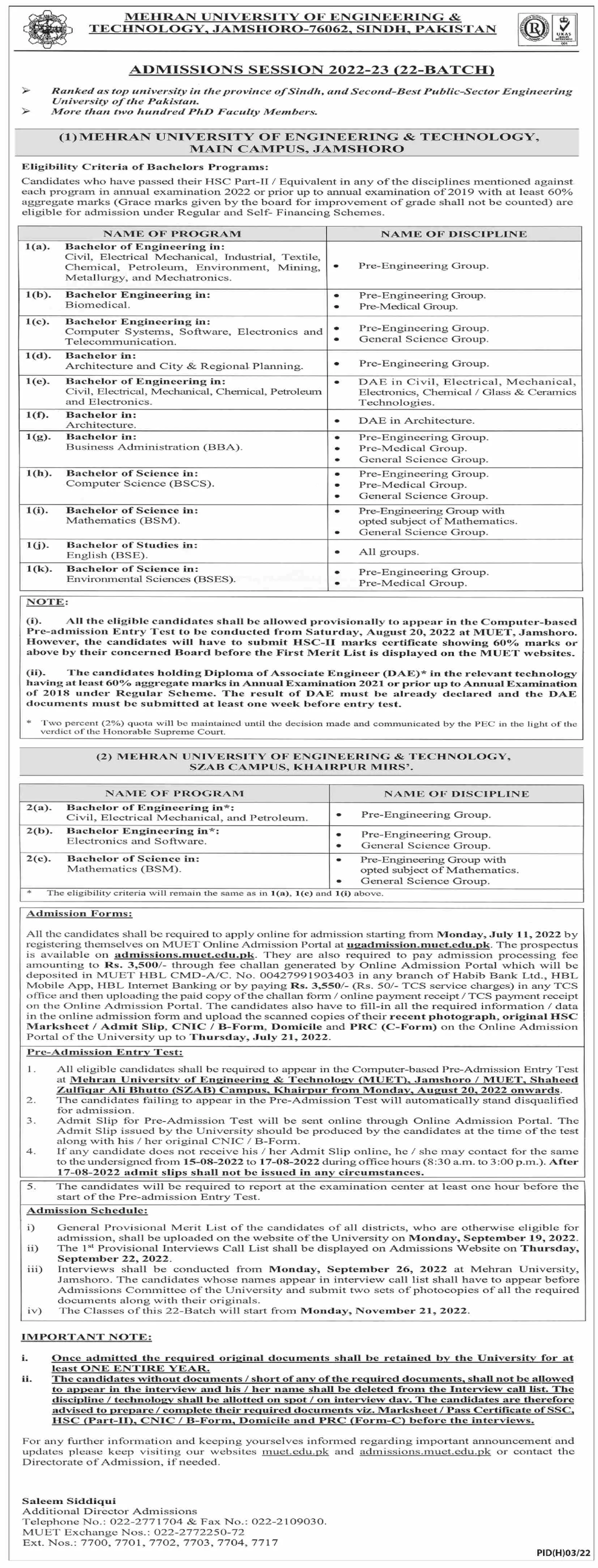 Admission in Mehran University of Engineering & Technology – Mehran University of Engineering & Technology Jamshoro Admissions 2022 — original advertisement