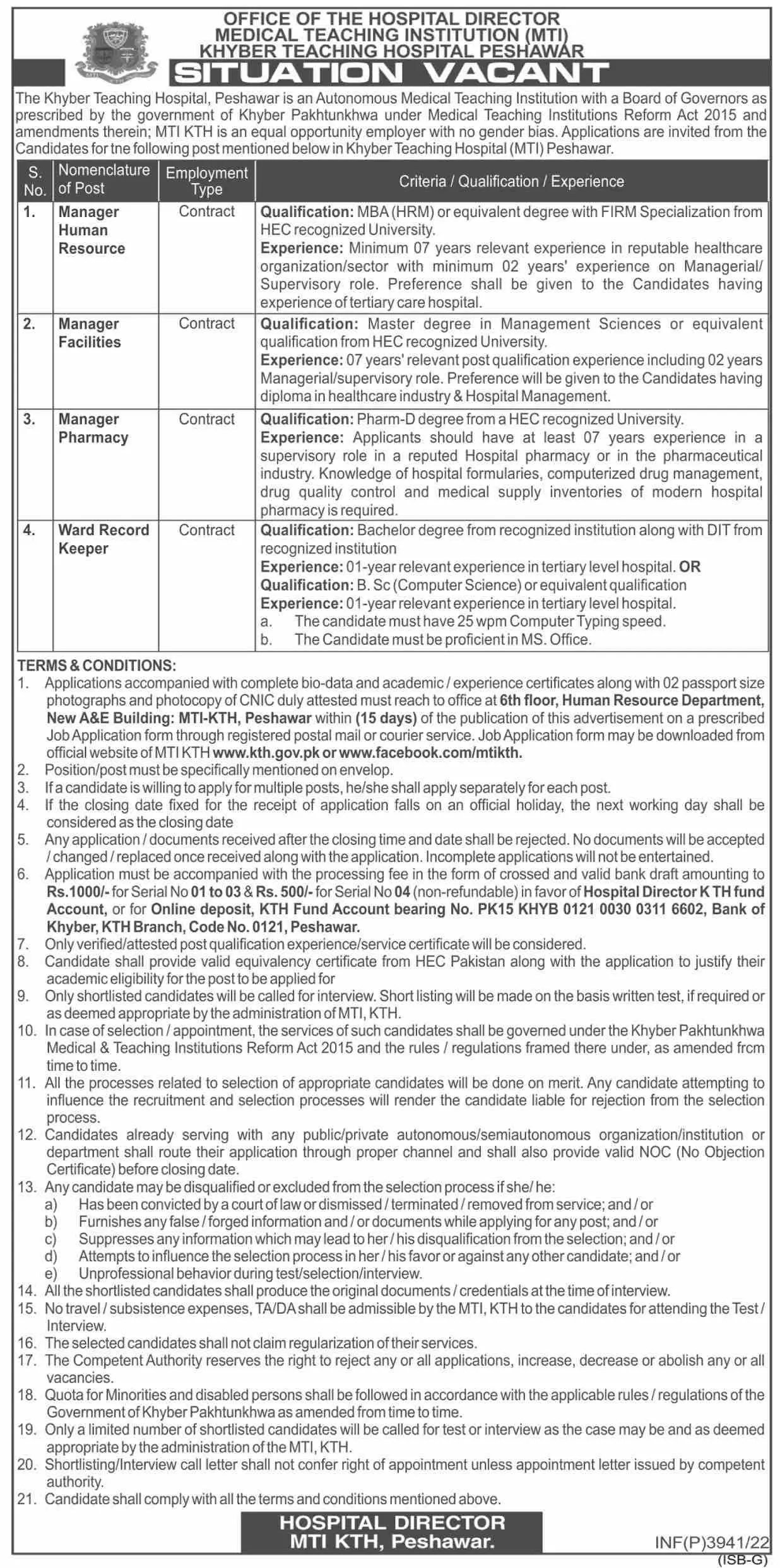Jobs in Medical teaching Khyber Teaching Hospital – Medical Teaching Institute MTI Khyber Teaching Hospital Peshawar Kpk Jobs 2022 — original advertisement