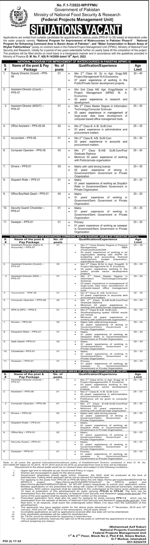 Jobs in Ministry of National Food Security and Research – Ministry of National Food Security & Research Jobs 2022 — original advertisement