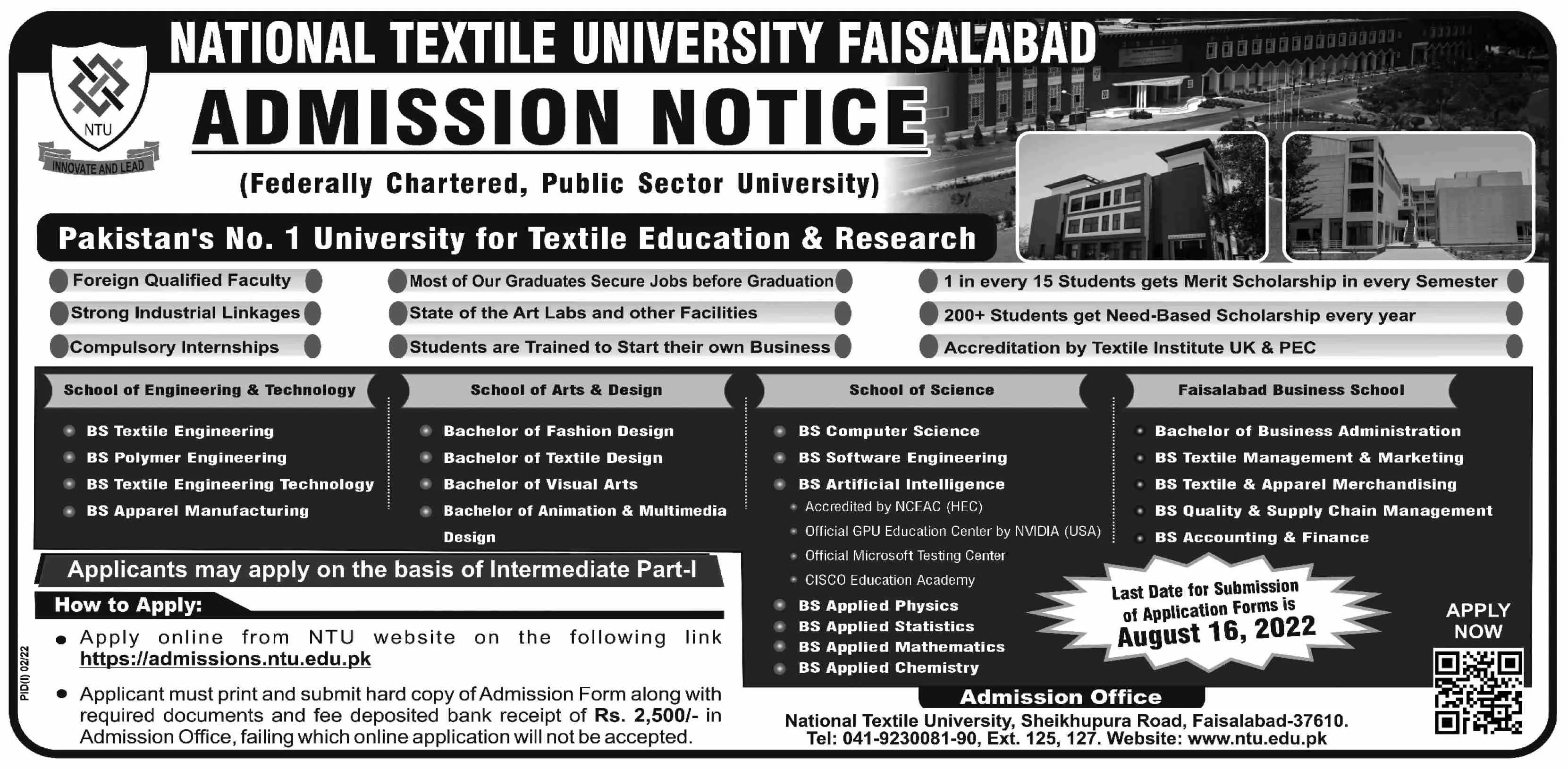 Admisssion in National Textile University Faisalabad | NTU Jobs 2022 — original advertisement