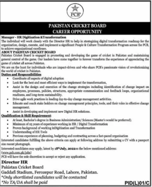 Jobs in Pakistan Cricket Board (pcb)Lahore Punjab Jobs 2022 — original advertisement