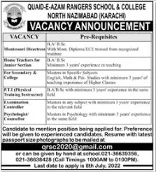 Jobs in Quaid E Azam Rangers School and College Karachi Jobs 2022 — original advertisement