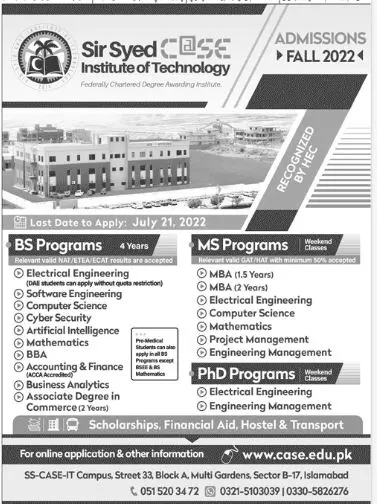 Admission in Sir Syed Case institute of Technology Admissions 2022 — original advertisement