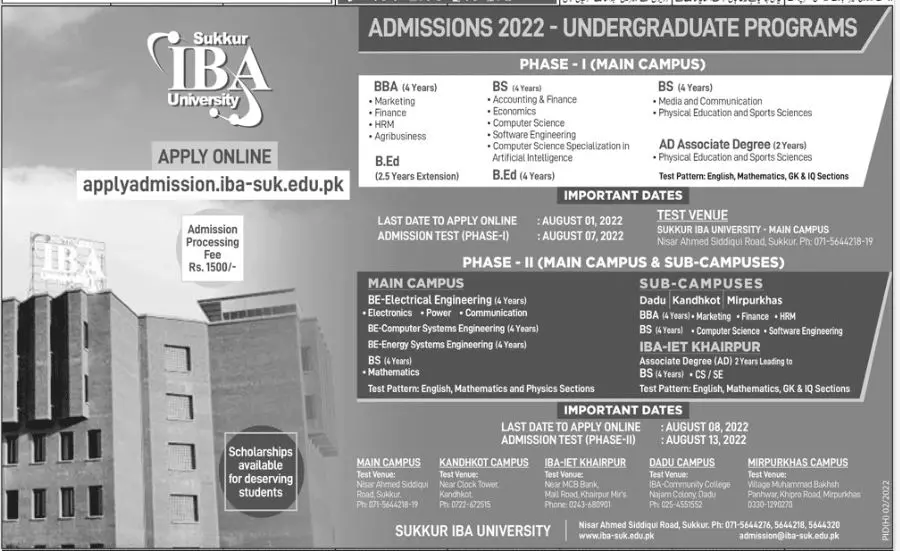 Admission in Sukkur IBA University Admissions 2022 — original advertisement