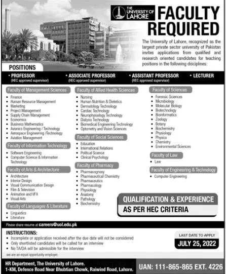 Jobs in University of Lahore Jobs 2022 — original advertisement