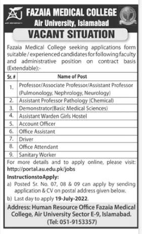Jobs in Fazaia Medical College Air University Islamabad – Fazaia Schools & Colleges Jobs 2022 — original advertisement