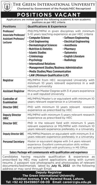 Jobs in Green International University Lahore Jobs 2022 — original advertisement