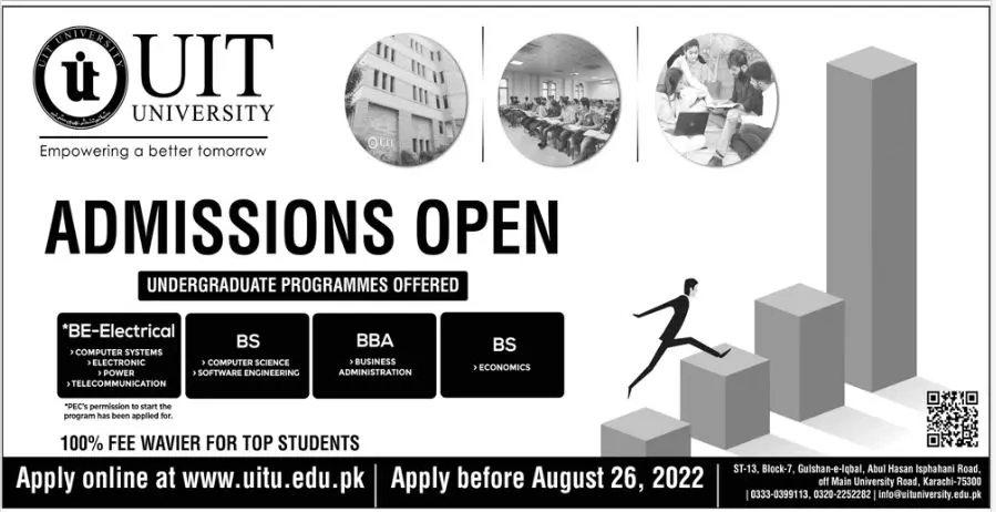 Admission in Usman Institute Of Technology UIT Karachi Admissions 2022 — original advertisement
