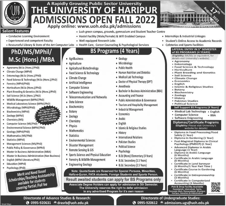 Admission in University of Hairpur – University of Haripur Admissions 2022 — original advertisement