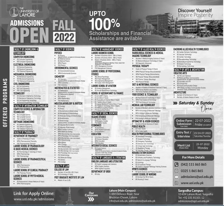 Admission in University of Lahore Admissions 2022 — original advertisement