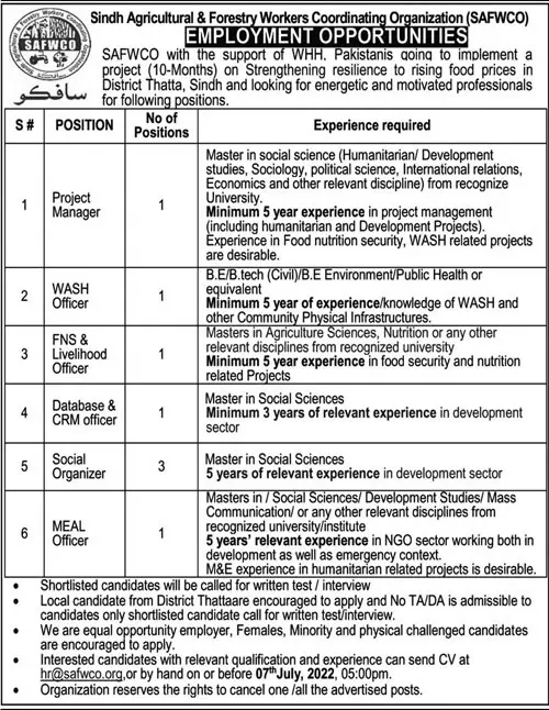 Jobs in Sindh Agricultural and Forestry Workers Coordinating Jobs 2022 — original advertisement