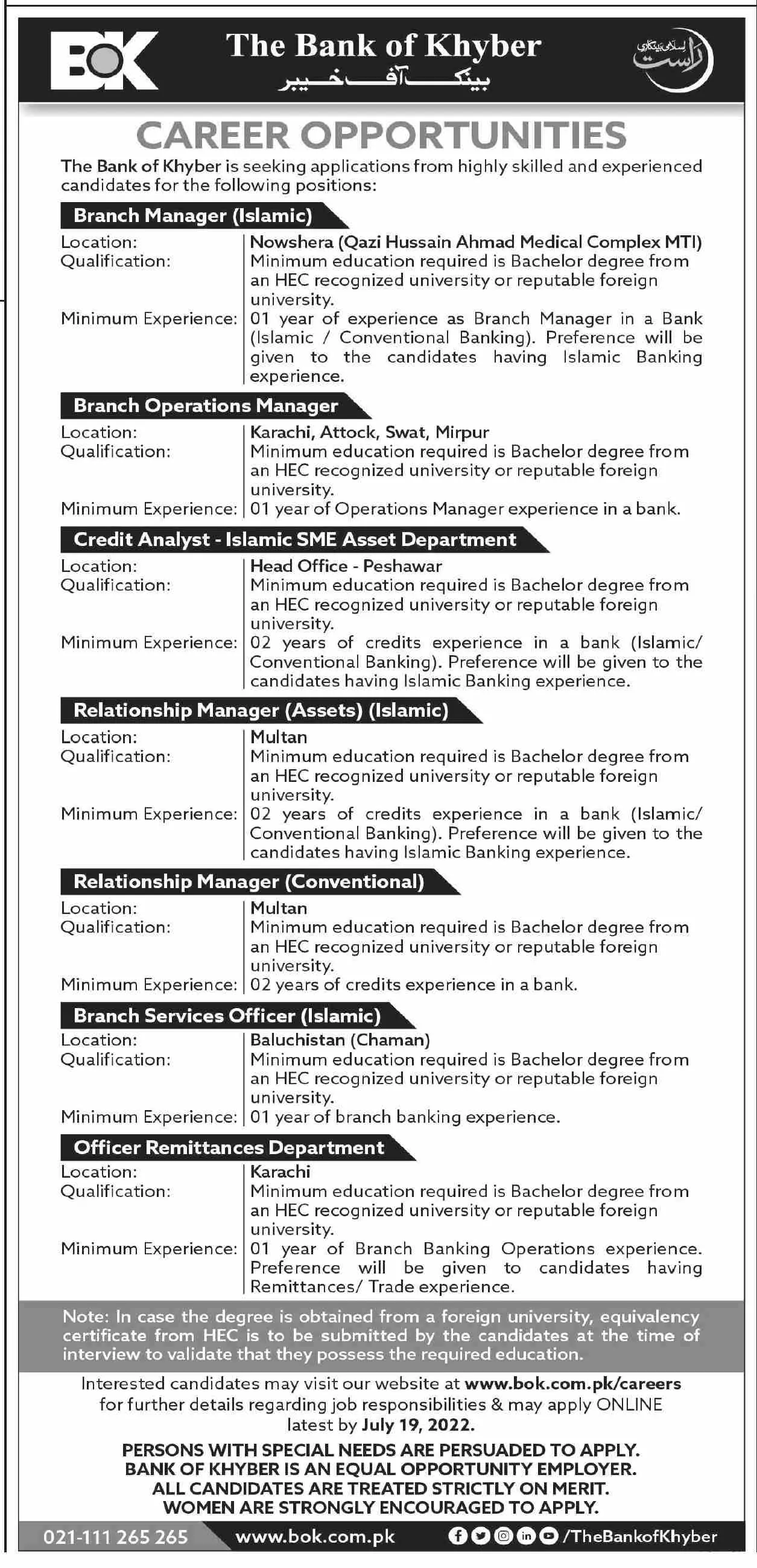 Jobs in Bank of Khyber BOK Peshawar Jobs 2022 — original advertisement